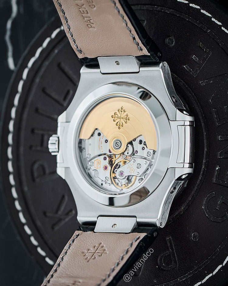 Patek Philippe Nautilus movement viewed through an open caseback