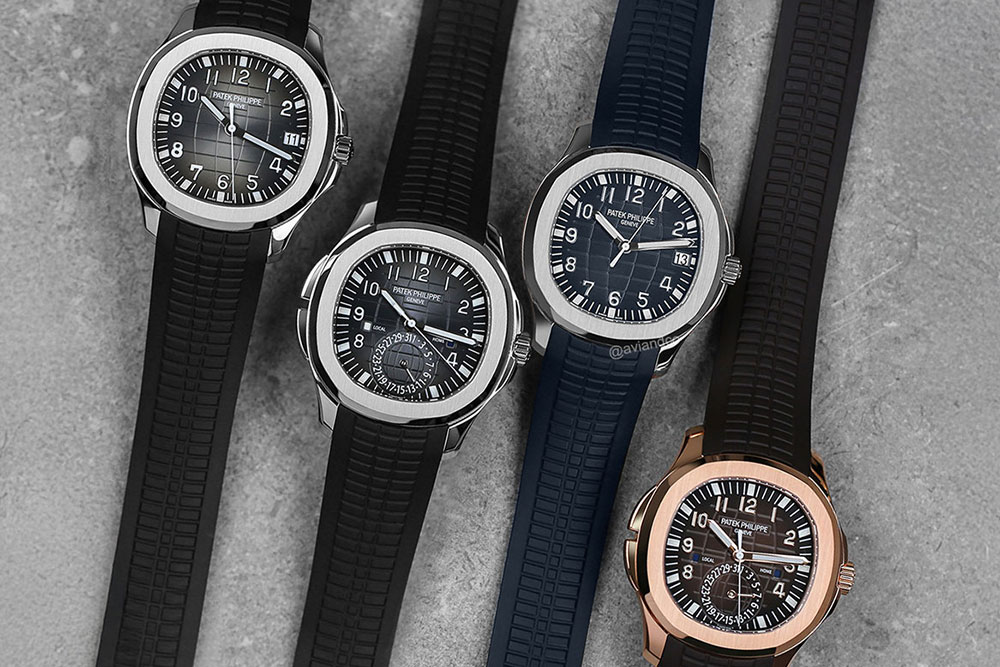 Major Patek Philippe Aquanaut references including the 5167A, 5164A, 5168G, and 5968R