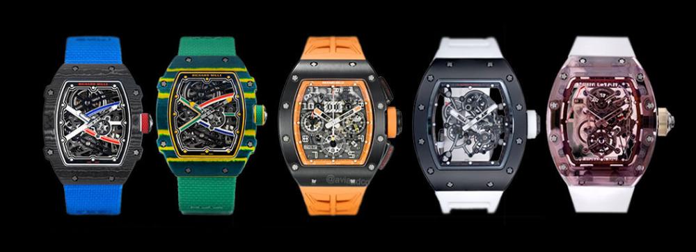Comparison of Richard Mille Carbon TPT, Quartz TPT, titanium, ceramic, and sapphire watch cases