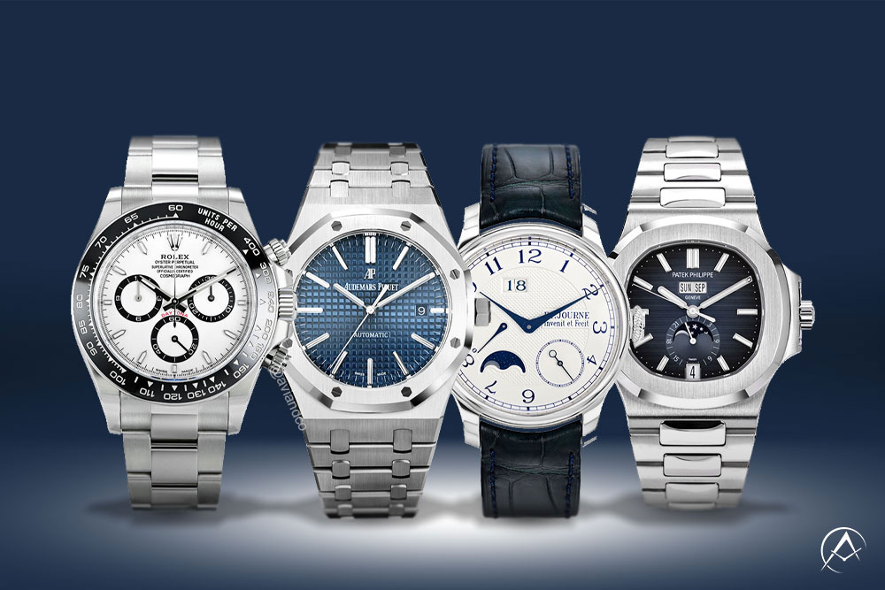 Luxury watches including Rolex Daytona, Patek Philippe Nautilus, Audemars Piguet Royal Oak, and F.P. Journe