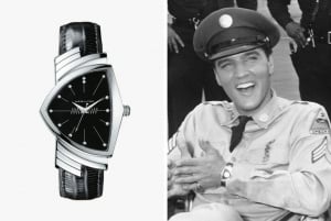 Left: 14k White Gold Hamilton Ventura with Black Dial and Black Leather Strap. Right: Elvis Presley Wears his Pilot Uniform from the Film Blue Hawaii While Sporting the Hamilton Ventura Timepiece