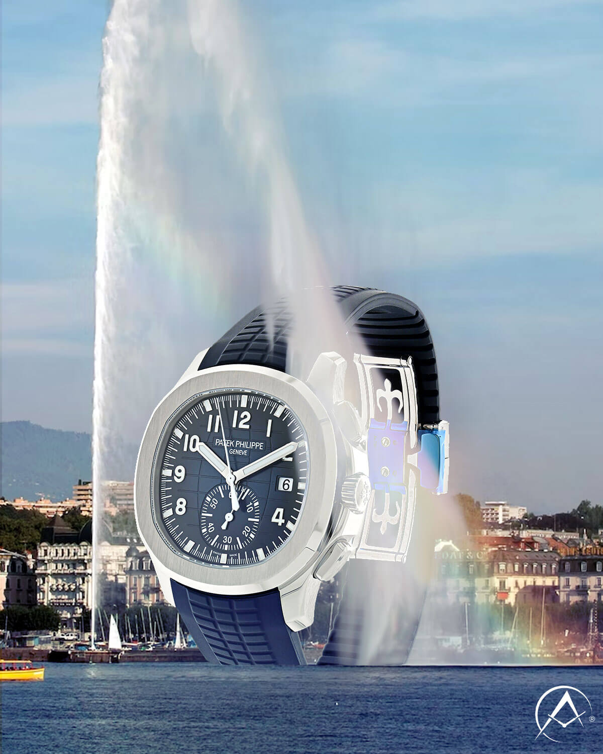 Blue Dial, Sterling Silver Bezel, and Blue Rubber Strap Timepiece Sits in Ocean with Fountain Spraying Over it