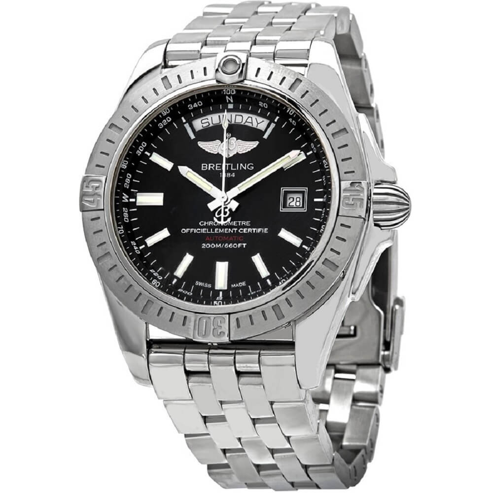 Sterling Silver Breitling Galactic with Sterling Silver Bracelet and Black Dial on a C-holder with White Background