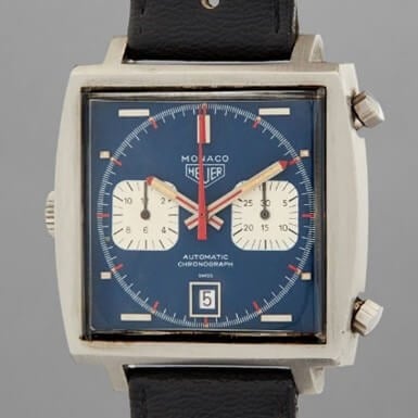 Square Dial of a Tag Heuer Monaco with Black Leather Strap and Blue Dial Worn by Actor Steve McQueen