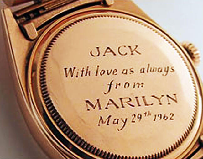 The Caseback of JFK’s Gold Rolex Day-Date Which Reads, ‘JACK, With love as always from MARILYN, May 29th, 1962’
