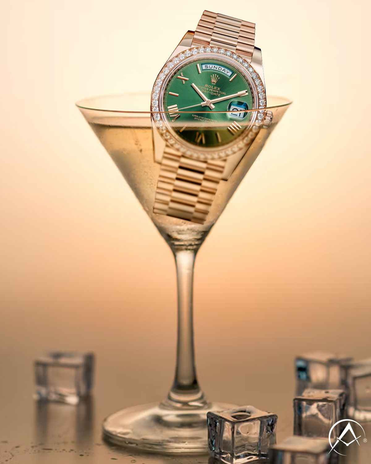 Rolex Day-Date with Green Dial, Date Aperture, Roman Dials, Diamond Bezel and Rose Gold Bracelet Sits in a Filled Martini Glass with Ice Cubes on the Ground