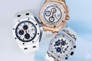Three Audemars Piguet Royal Oak Offshore Timepieces with White Dials, Chronograph, and Date Functions.