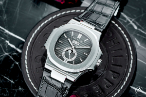 Patek Philippe Nautilus watch black dial black leather strap