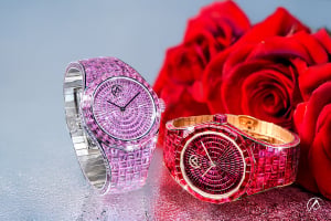 Avi & Co. Hue Collection pink and red watches with roses in the background