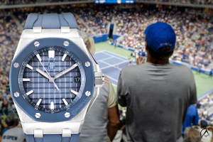 Audemars Piguet Royal Oak Offshore watch at the US Open, spectator wears grey shirt and blue hat with Avi & Co. on it