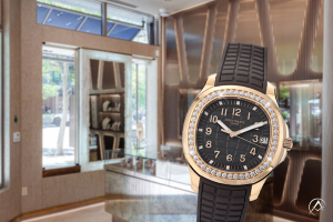 Patek Philippe Aquanaut, 18K Rose Gold, Diamond Bezel, Taupe Arabic Dial, 38 mm - Avi & Co. Aspen Luxury Watch Boutique