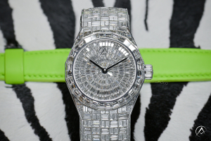Avi & Co. Iced Collection diamond set Watch on Zebra Background with green strap