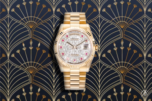 Rolex Day-Date 36, Yellow Gold, Pave Diamond Dial on art deco background