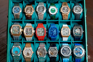 Celebrity watch collection watches displayed in teal watch box