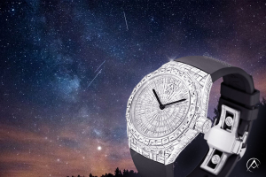 Avi & Co. Iced Collection: Color in Motion, 18K White Gold, Black Rubber Strap, 44 mm