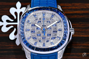Patek Philippe Aquanaut with sapphire and diamond pave dial on blue strap