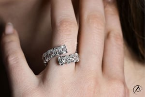 18K White Gold Graduated Emerald and Oval Cut Diamond 18-Stone Bypass Ring
