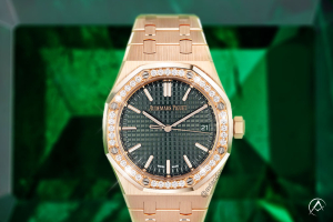 Audemars Piguet Royal Oak, 18K Rose Gold, Khaki Grand Tapisserie Dial, Diamond Bezel may birthstone watches