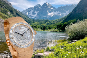 Avi & Co. Frosted Collection watch on a background of Colorado's Maroon Bells