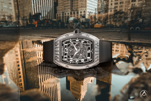 Richard Mille watch in a puddle of water in New York City, diamond watch with black rubber band, tonneau skeletonized dial