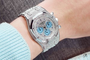 Boyfriend watch, diamond bezel Audemars Piguet watch on woman's wrist, oversize women's watch