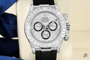Rolex Daytona 18K White Gold, Silver Dial, Diamond Bezel