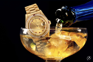 Rolex Day-Date 36, 18K Yellow Gold, Champagne Diamond Dial in champagne glass