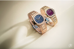 Patek Philippe Nautilus, 18K Rose Gold, Diamond Bezel, Purple Dial and Patek Philippe Nautilus, 18K Rose Gold, Blue Index Dial, 40 mm