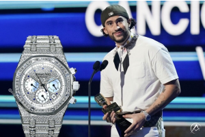 Bad Bunny wears Audemars Piguet Royal Oak, 18K White Gold, Pave Diamond Dial, 39 mm