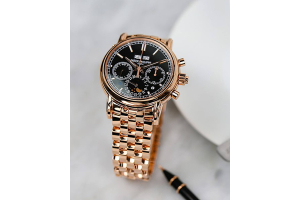 Patek Philippe Grand Complications with Black Dial, 3 Subdials, with Rose Gold Bezel and Bracelet on a White Background