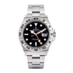 Rolex Explorer II watch with a black dial and steel bracelet. The watch is 42mm in size and has the model number 226570