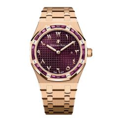 Audemars Piguet Royal Oak 67656OR, Baguette Diamond Bezel, 18K Rose Gold, Purple Arabic Numerals Dial, 33mm