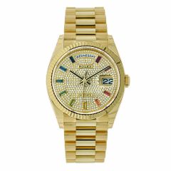 Rolex Day-Date 36 128238, President, 18K Yellow Gold, Rainbow Baguette Pave Dial, 36 mm