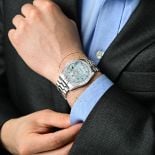 Rolex Day-Date 36 118366, Platinum, SW Baguette Bezel, Blue
