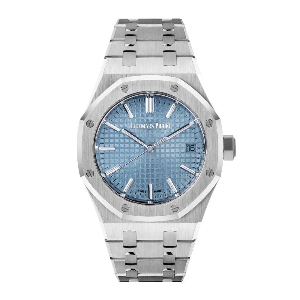 Shop Audemars Piguet Royal Oak 15550ST, 50th Anniversary, Steel, Light Blue Dial, 37 mm - Avi & Co. 1
