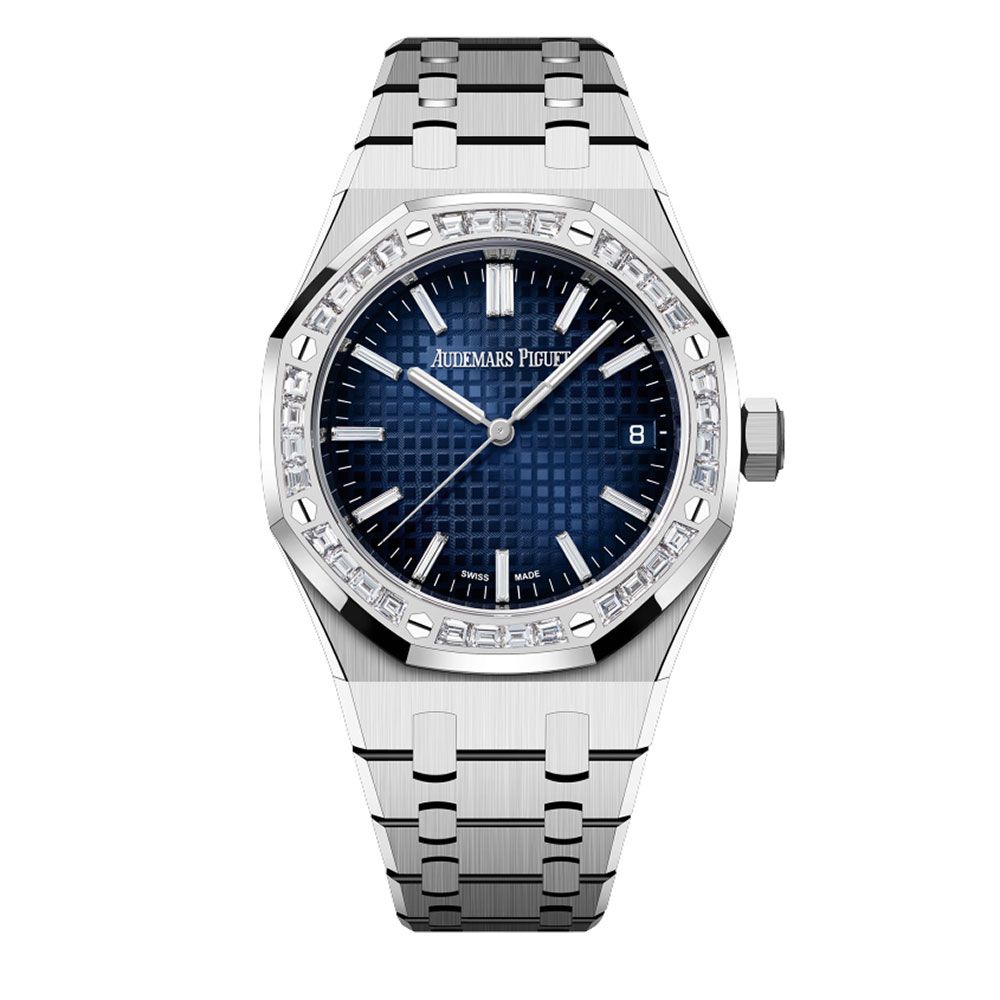 Audemars Piguet Royal Oak 37mm White Gold Diamond Set Bezel Blue Diamond Baguette Dial 15551BC.ZZ.1356BC.01 - Avi & Co. 1