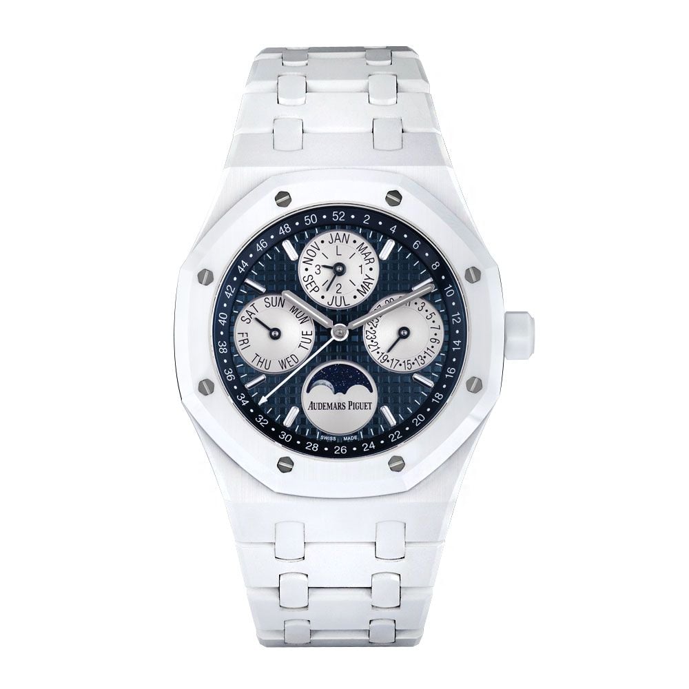 Audemars Piguet Royal Oak, 26579CB.OO.1225CB.01, Perpetual Calendar, White Ceramic, Blue Dial, 41 mm - Avi & Co. 1