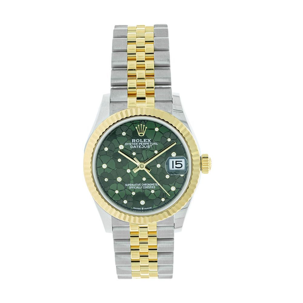 Rolex Datejust Steel & 18K Yellow Gold, Green Floral Motif Diamond Dial, 31MM - Avi & Co. 1
