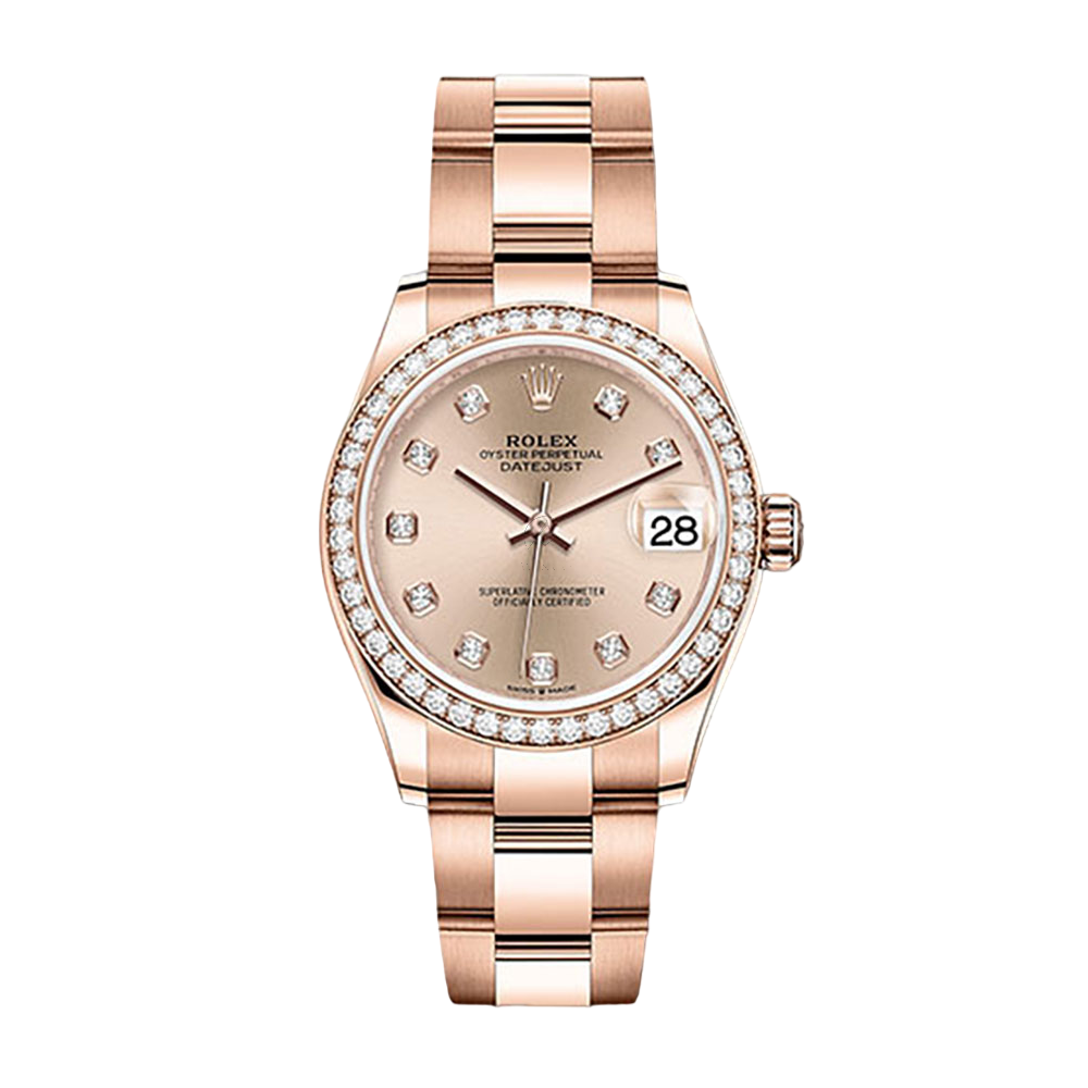 Shop Rolex Datejust 31 278285RBR, Oyster, 18K Rose Gold, Diamond Bezel, Rose Diamond Dial, 31 mm - Avi & Co. 1