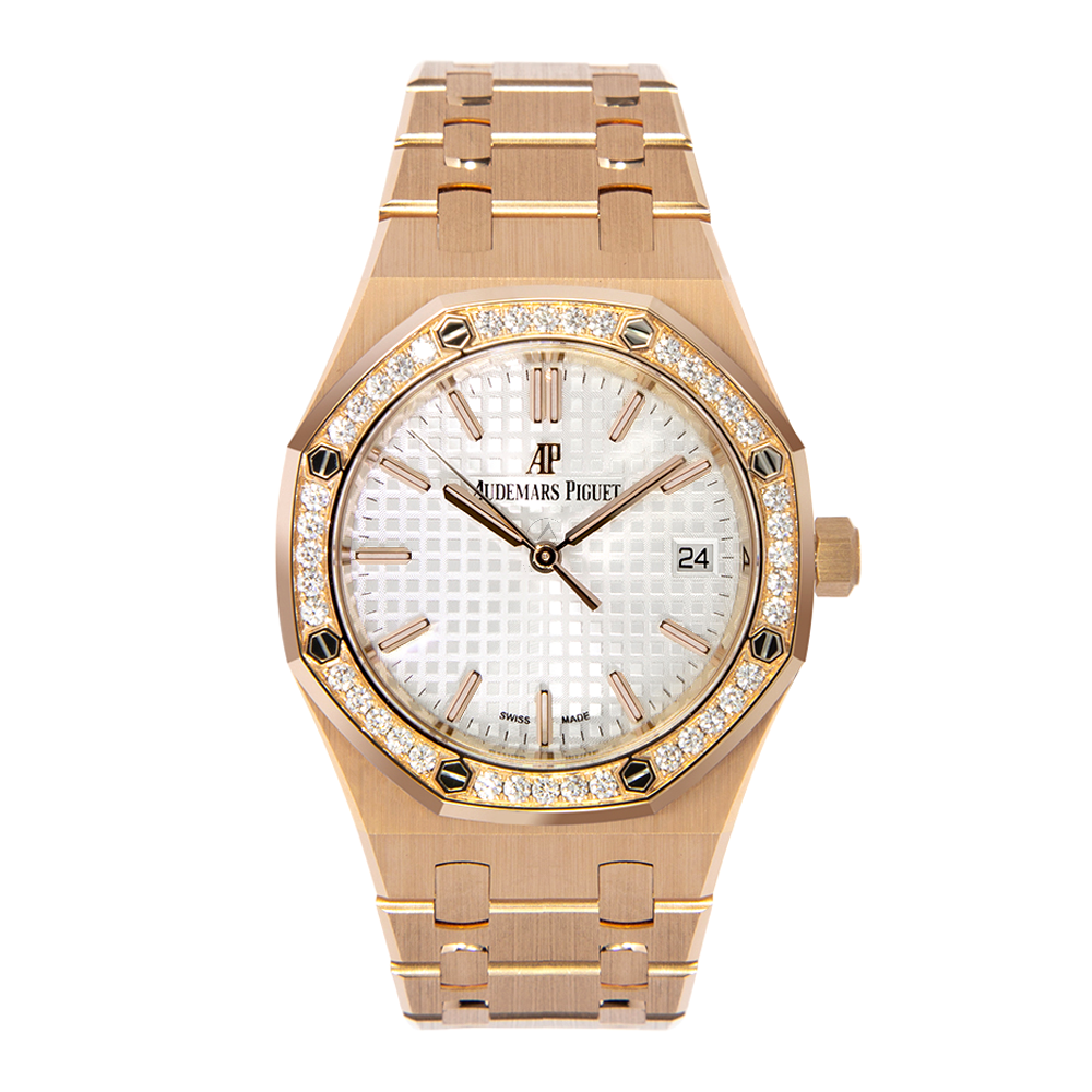 Audemars Piguet Royal Oak 67651OR, 18K Rose Gold, Diamond Bezel, White Dial, 33MM - Avi & Co. 1
