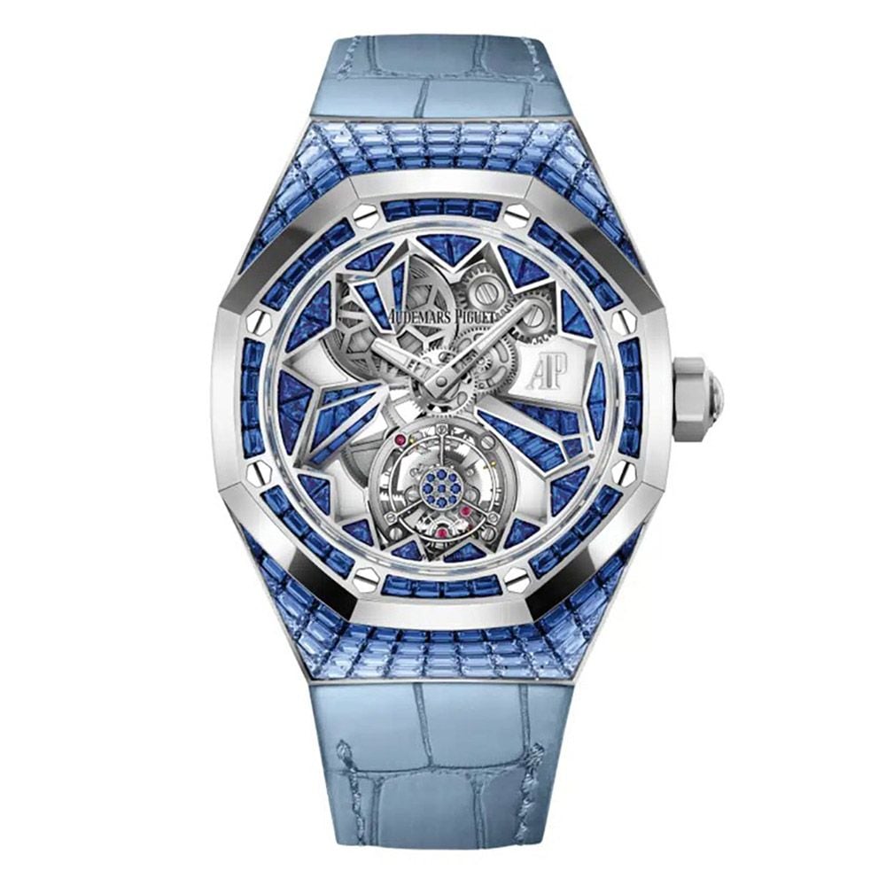 Shop Audemars Piguet Concept 26228BC.SS.D314CR.01, Tourbillon, Baguette Blue Sapphire, 18K White Gold, Openworked Dial, 39 mm - Avi & Co. 1