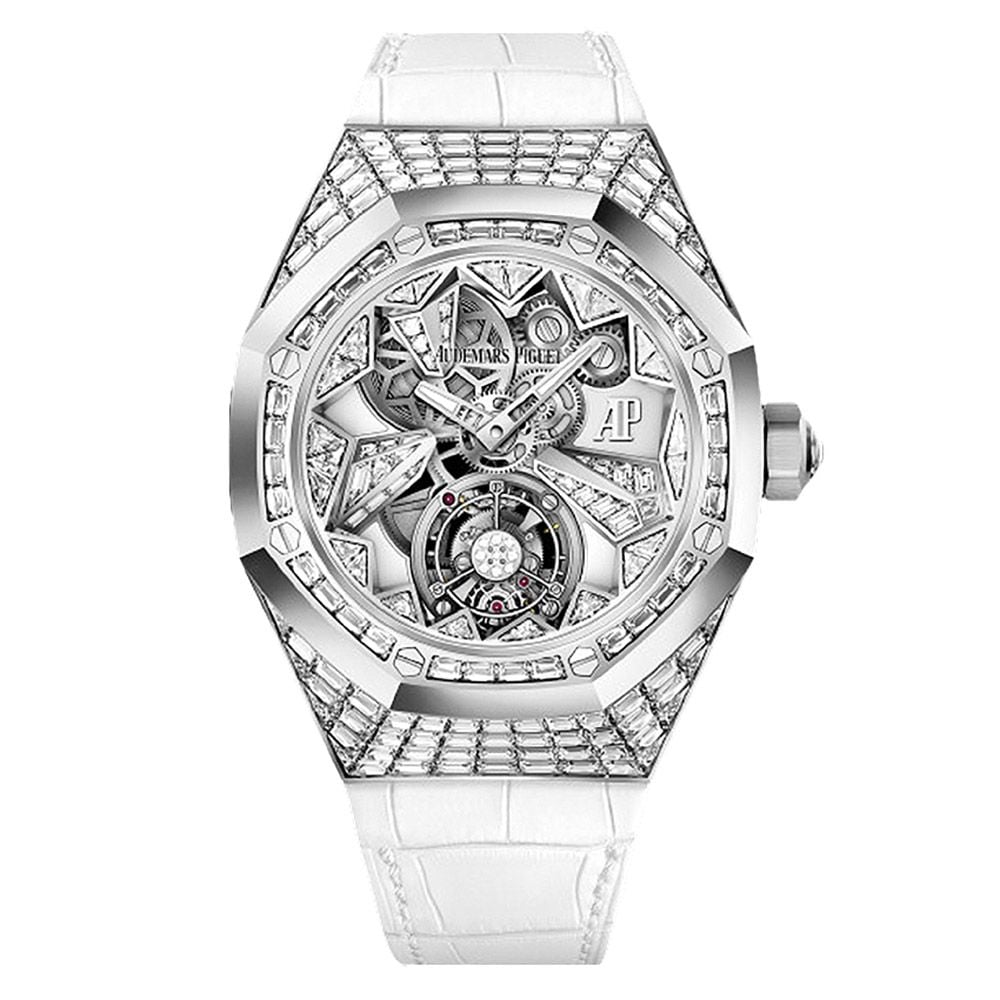Shop Audemars Piguet Concept 26228BC.ZZ.D011CR.01, Flying Tourbillon, Diamond Baguette Bezel, 18K White Gold, Openworked Dial, 39 mm - Avi & Co. 1