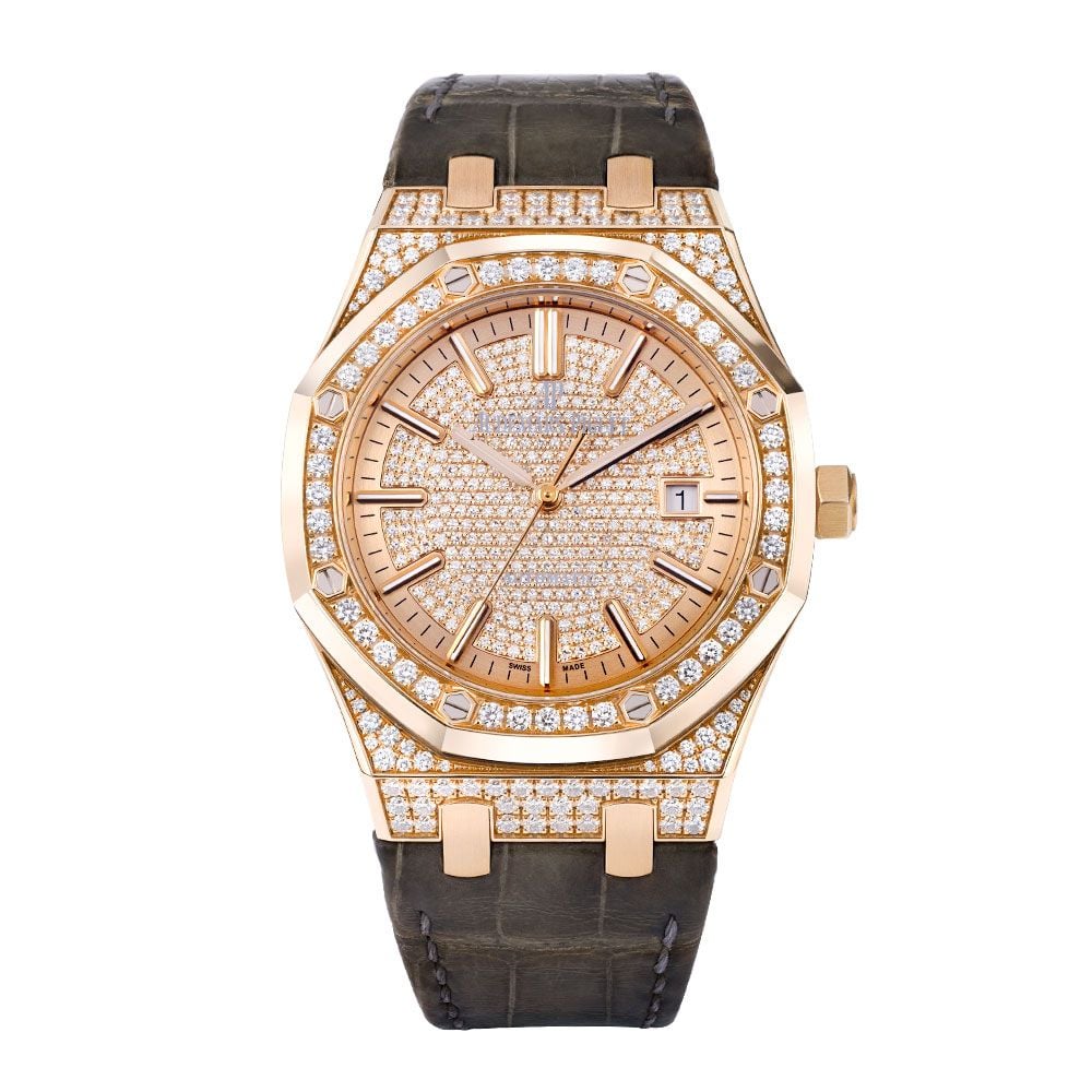 Audemars Piguet Royal Oak 15402OR, 18K Rose Gold, Pave Diamond Dial, 41 mm - Avi & Co. 1