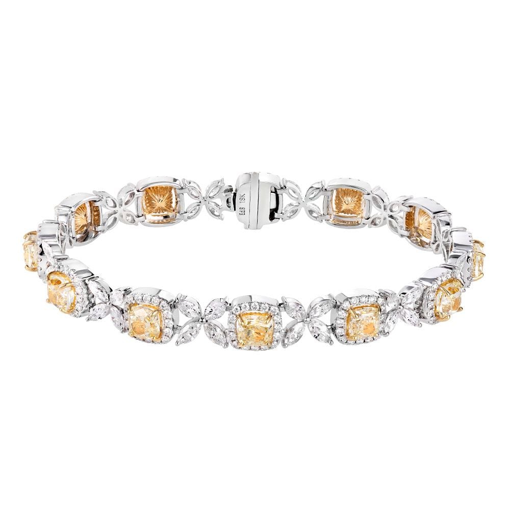 Avi & Co. Fancy Shapes & Colors Collection, 18K White Gold Cushion Cut Yellow & Round White Diamond Floret Bracelet, 21.43CT, GIA - Avi & Co. 1