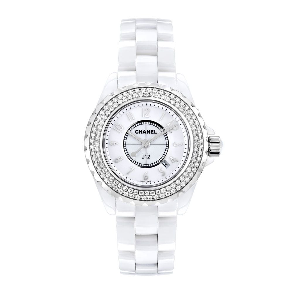 Chanel J-12, H0967, White Ceramic, Diamond Bezel, White Arabic Dial, 33 mm - Avi & Co. 1