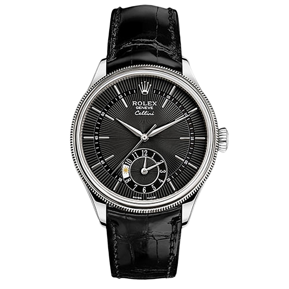 Rolex Cellini 50529, Dual Time, 18K White Gold, Black Dial - Avi & Co. 1