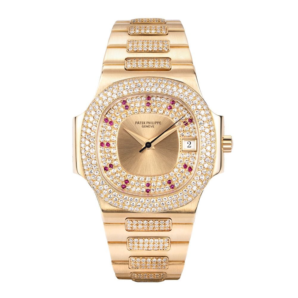 Patek Philippe Nautilus, 3800/1, Ruby Markers, 18K Yellow Gold, Diamond Bezel, Pave Dial, 38 mm - Avi & Co. 1