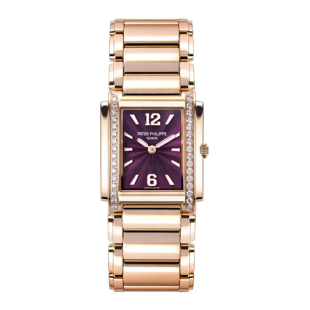 Patek Philippe Twenty ~4, 4910/1201R-010, 18K Rose Gold, Gem Bezel, Purple Dial, 30 mm