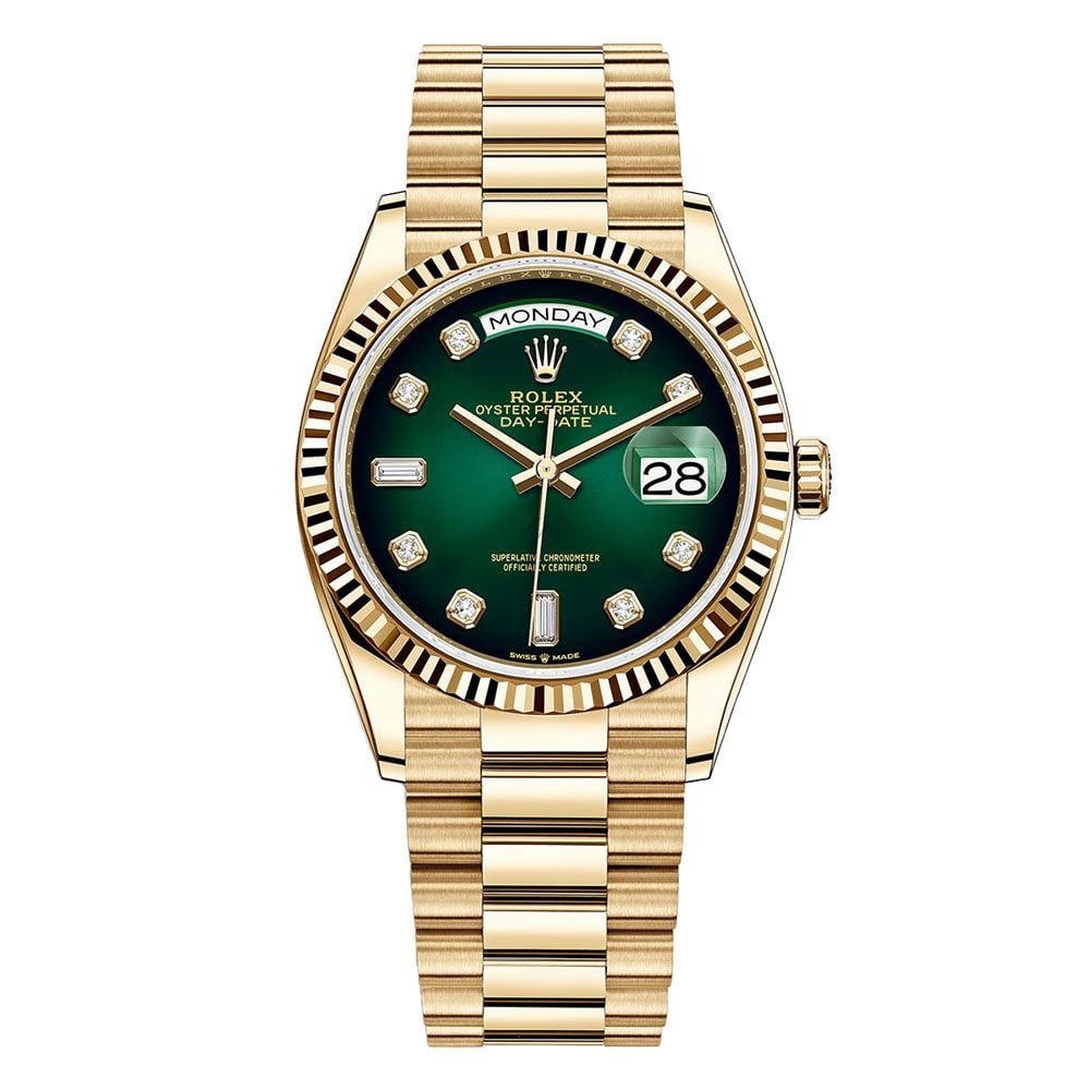 Rolex Day-Date 36 128238, President, 18K Yellow Gold, Green Ombre Diam - Avi & Co. 1
