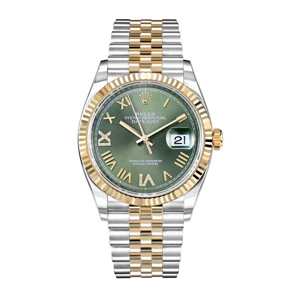 Shop Rolex Datejust 36 Jubilee Steel & 18K Yellow Gold Olive Green Roman Dial, 36 mm - Avi & Co. 1
